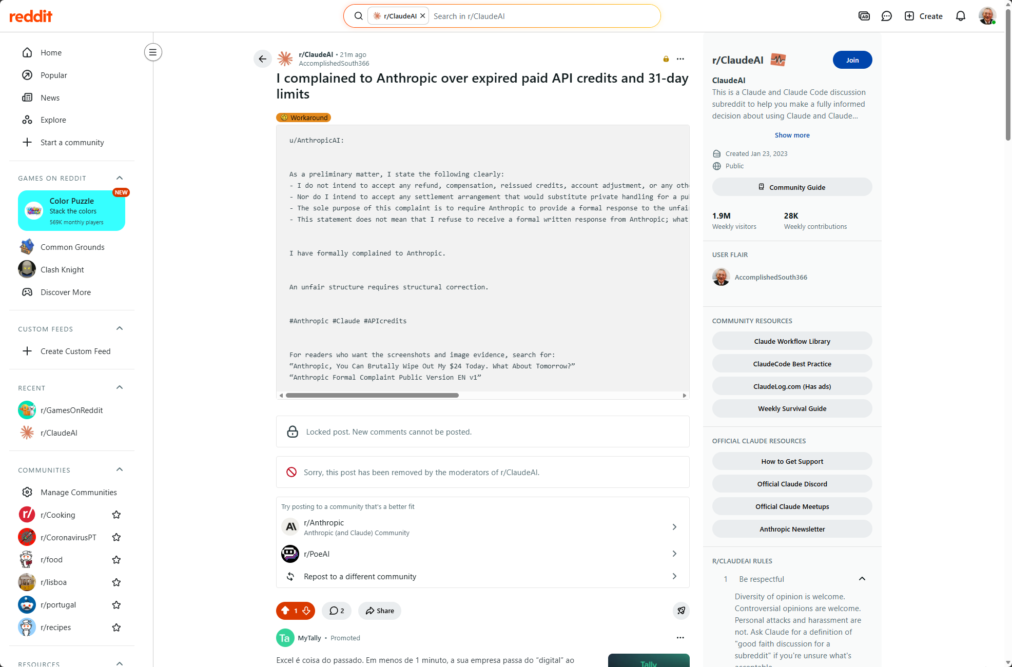 Reddit 上 r/ClaudeAI 帖子页显示投诉标题同时处于锁帖和移除状态