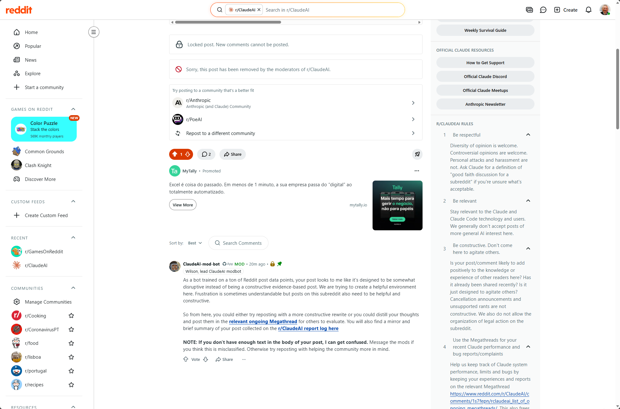 Reddit 上 r/ClaudeAI 页面显示 ClaudeAI-mod-bot 的 disruptive/constructive 定性与社区规则栏