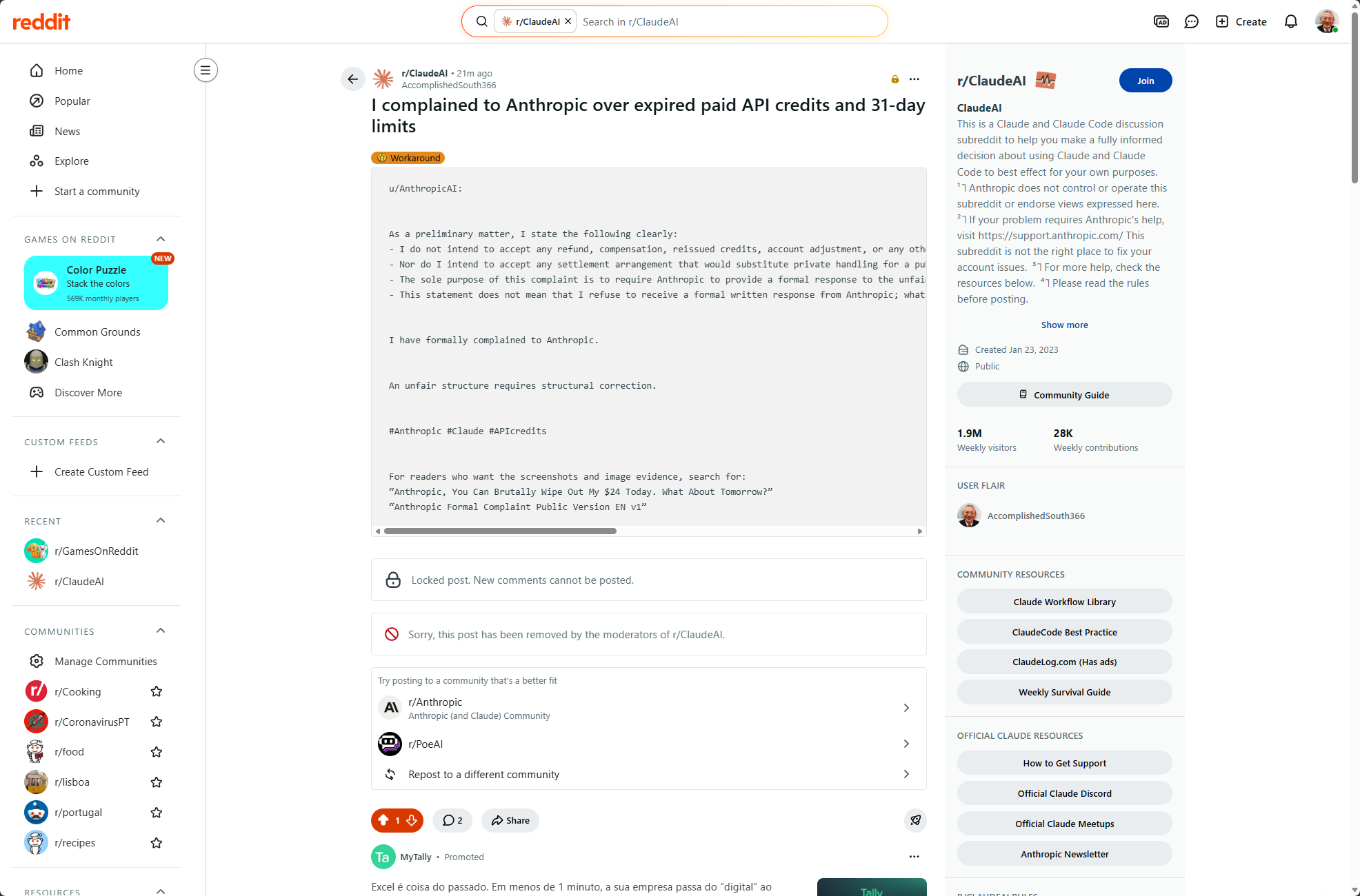 Reddit 上 r/ClaudeAI 页面在保留标题的同时重复展示锁帖与移除状态